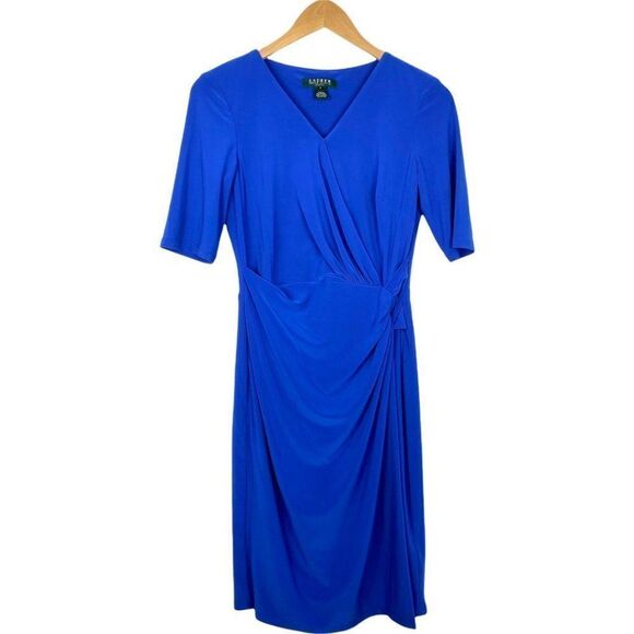 RALPH LAUREN Dress Women's Cobalt Blue V Neck Cocktail Dress with Ruffle US 4 - Picture 1 of 9